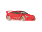 Red toy sports car with a spoiler and white paint splatters on the side.