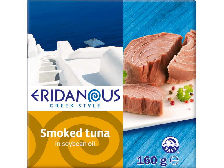 Smoked tuna in soybean oil, 160g, with a Greek-style background.