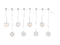 Christmas light curtain with 8 illuminated snowflakes hanging.