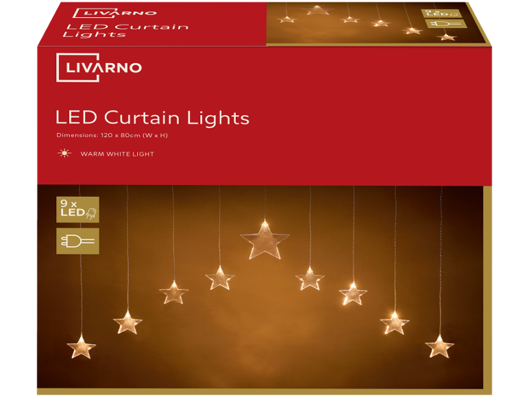 LED curtain lights with stars, warm white light, dimensions 120 x 80 cm.