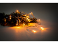 Pine branches with glowing Christmas lights on a dark background.