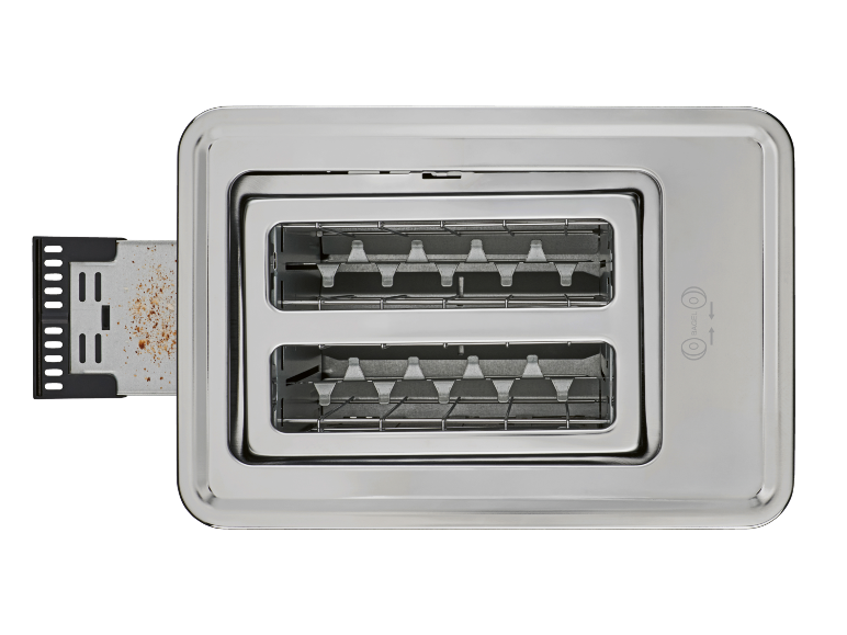 Two-slice toaster with crumb tray, featuring a bagel option.