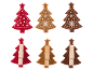 Six felt Christmas tree decorations in red, brown, and dark brown, some with clothes pegs.