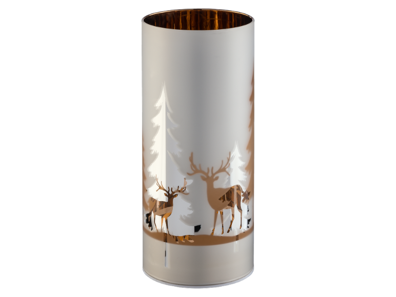 White and gold cylindrical candle holder with a deer and forest silhouette design