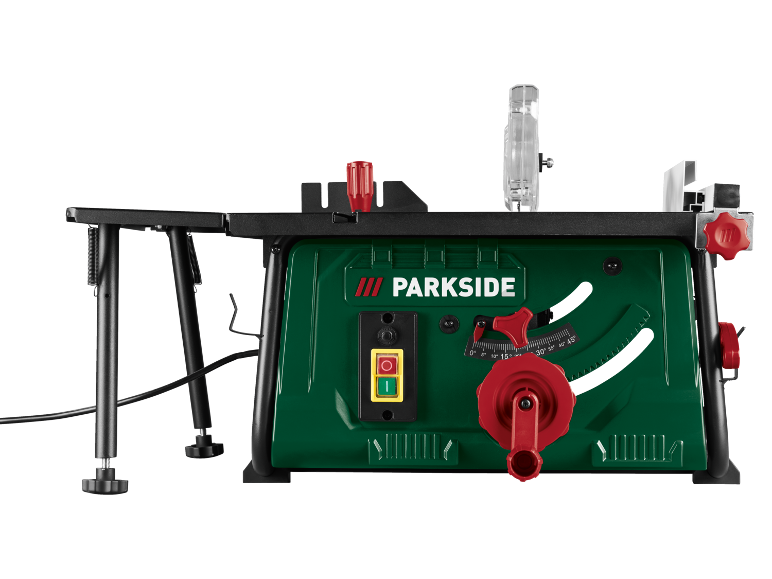 Green table saw with red and black details, featuring angle adjustments from 0° to 45°.