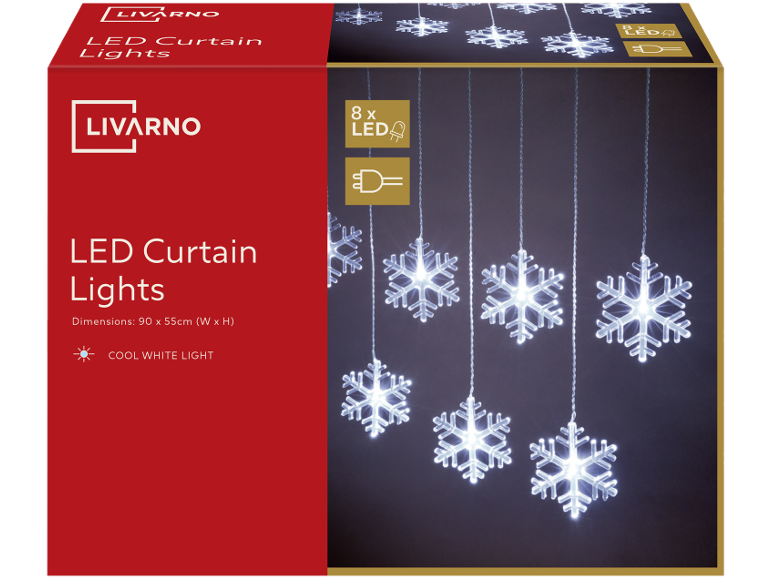 LED curtain lights with 8 cool white snowflakes, dimensions 90 x 55 cm.