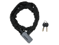 Black bicycle chain lock with a grey lock and two keys.