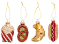Four food-shaped Christmas ornaments: popcorn, pretzel, croissant, and hot dog.