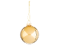 Shiny golden Christmas bauble with a gold string against a black background.