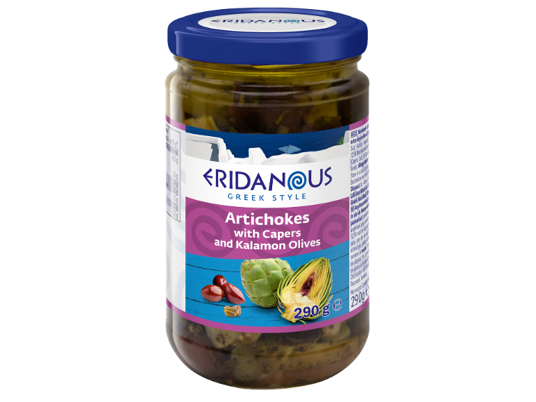 Artichokes with capers and Kalamon olives in a jar, Greek style.