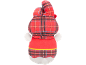 Plush rabbit in a red and white plaid tartan outfit.