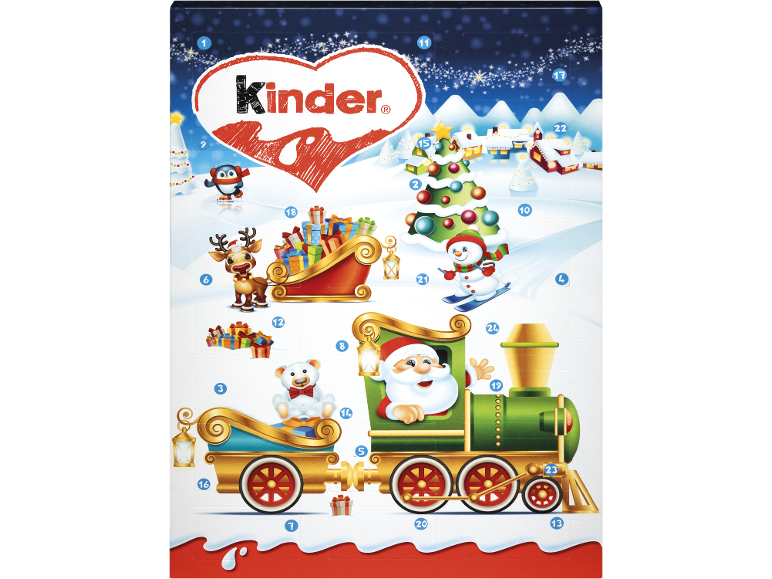 Children's advent calendar with Santa Claus, reindeer, and snowman.