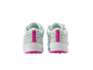 A pair of light blue running shoes with pink accents, rear view.