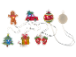 Christmas string lights with gingerbread man, car, ornament, tree, gift, and mittens.