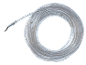 Coiled transparent LED rope light with visible wires and small lights.
