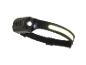 Black LED headlamp with bright white light and yellow light strip.