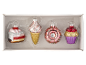 Dessert-themed Christmas ornaments: cake slice, ice cream, donut, and cupcake.