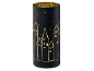 Decorative black lantern with illuminated silhouette of houses and stars.