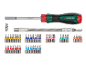 Screwdriver set with flexible shaft, bit holder, and various bits.