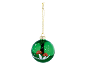 Green Christmas bauble with white mushrooms and stars, hanging from a gold cord.