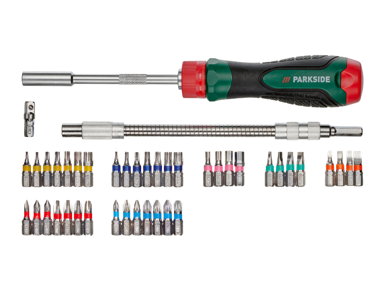 Screwdriver set with flexible shaft, bit holder, and various bits.
