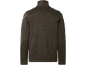 Men's dark green marled knit sweater with a stand-up collar, back view.