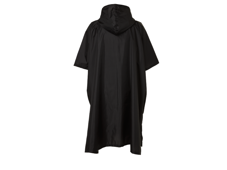 Black waterproof poncho with a hood, seen from the back.