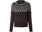 Brown sweater with white and grey Fair Isle pattern on the yoke.