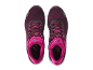 A pair of women's running shoes in burgundy and fuchsia, viewed from above.