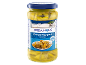 Jar of green peppers in brine, with a blue label featuring a Greek landscape.