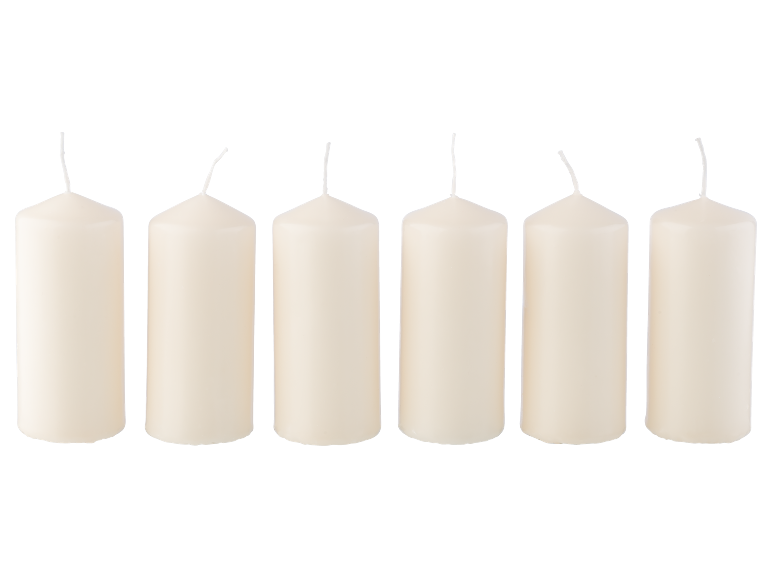 Six unlit white pillar candles with wicks, arranged in a row against a black background.