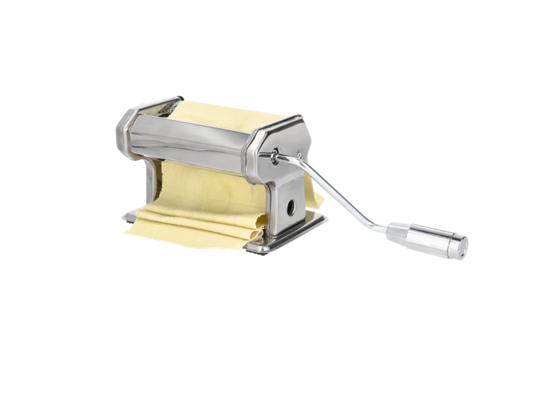 Stainless steel pasta maker with a hand crank and fresh pasta dough.
