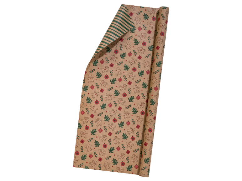 Roll of Christmas wrapping paper with gingerbread men and Christmas trees.