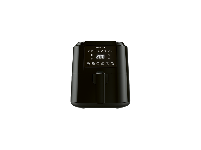 Black air fryer with a digital display showing 200 °C.