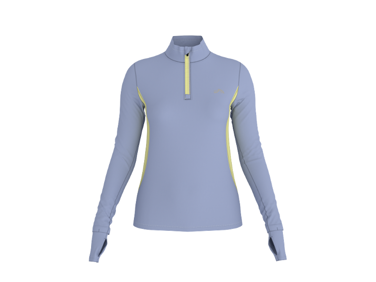 Women's long-sleeved sports top, purple with yellow details and a zipper.