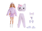 Fashion doll with plush cat costume, mini pet, and accessories