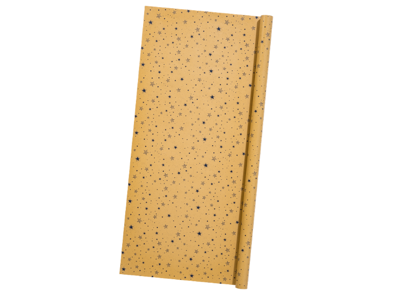 Yellow wrapping paper with a pattern of blue stars and dots.
