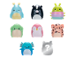 Seven brightly colored animal toy figures and one mysterious figure with a question mark.