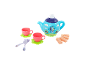 Toy tea set with a blue teapot featuring a cartoon character, pink cups, and wafers.