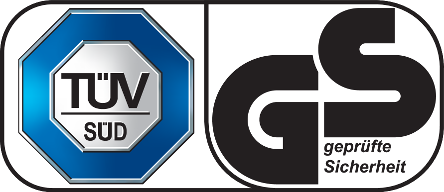 TÜV SÜD and GS (geprüfte Sicherheit) certification seals.