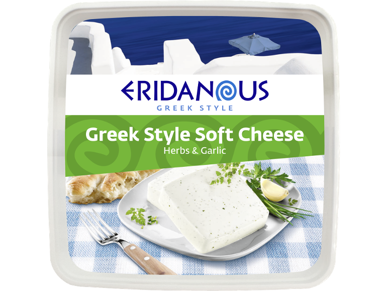 ERIDANOUS Greek Style Soft Cheese with Herbs & Garlic, Mediterranean-themed packaging.