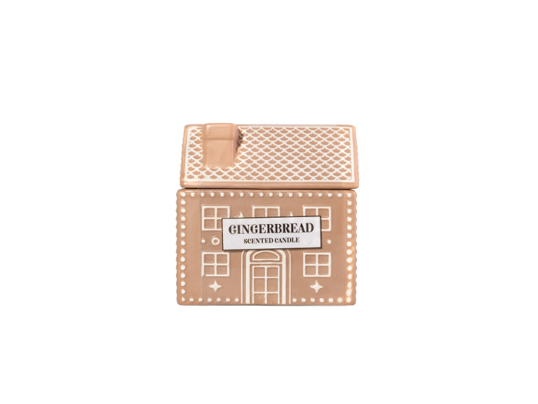 Gingerbread house-shaped scented candle.