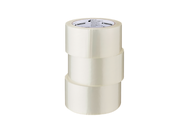 Three rolls of transparent adhesive tape stacked vertically.