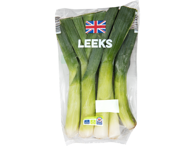 Fresh leeks in transparent packaging with a British flag.