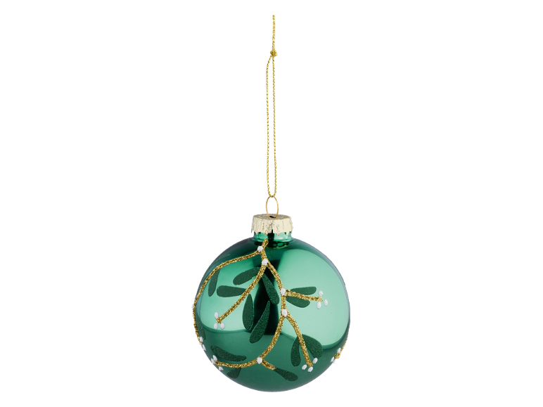 Green Christmas bauble with golden mistletoe and white berry decoration.