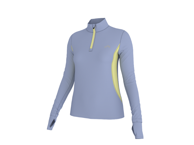 Women's long-sleeved sports top, light blue with yellow inserts and a zipper.