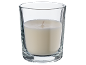 White candle in a clear glass tumbler.