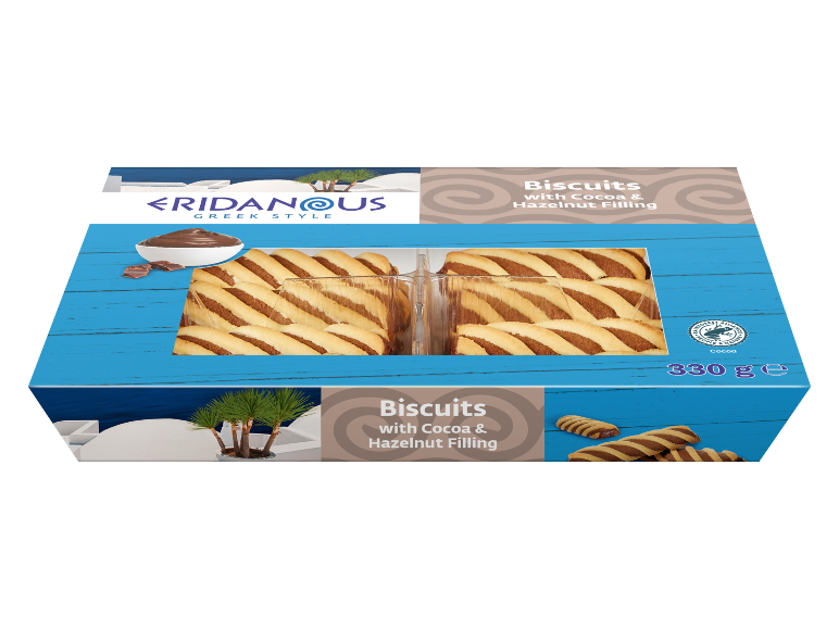 Box of biscuits with cocoa and hazelnut filling, Greek style, 330 g.