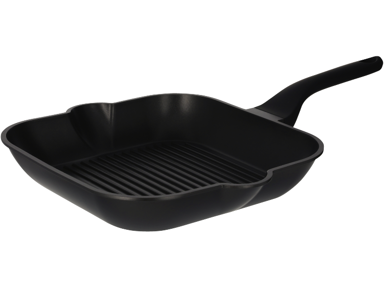 Black square grill pan with a ribbed surface and a handle.