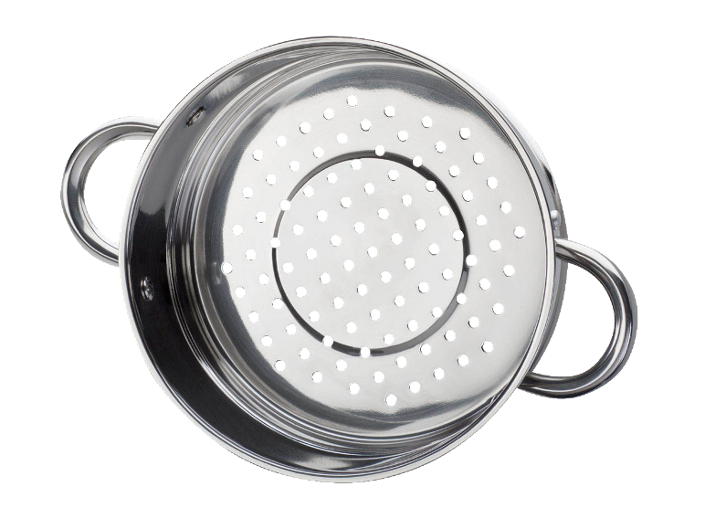 Stainless steel steamer insert with handles, top view.